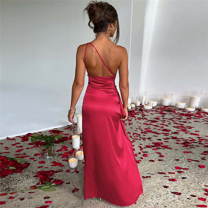 Women's Evening Gown - One-Shoulder Satin - Form-Fitting - High Slit Floor-Length