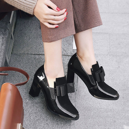 Patent Leather Block Heel Pointed Toe Shoes
