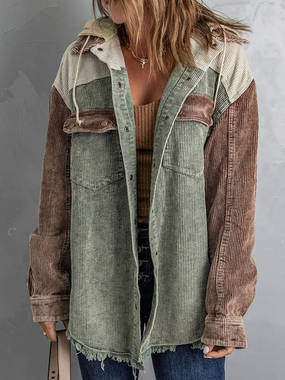 Women’s Corduroy Jacket – Hooded Patchwork Design – Distressed Hem – Casual Fit