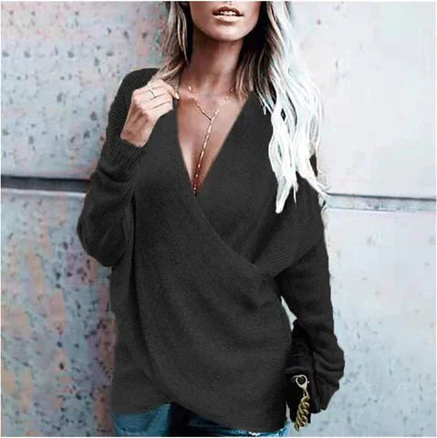 Women's Knitted Sweater - Wrap V-Neck - Long Sleeve - Oversized Casual Fit