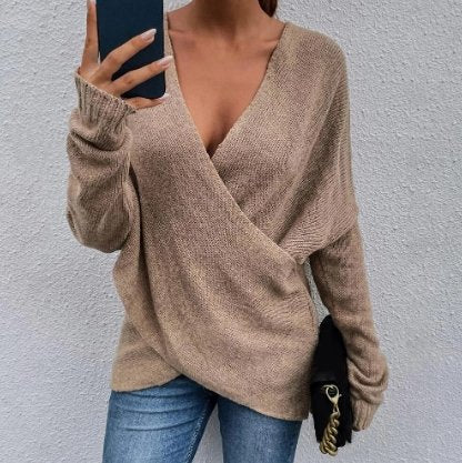 Women's Knitted Sweater - Wrap V-Neck - Long Sleeve - Oversized Casual Fit