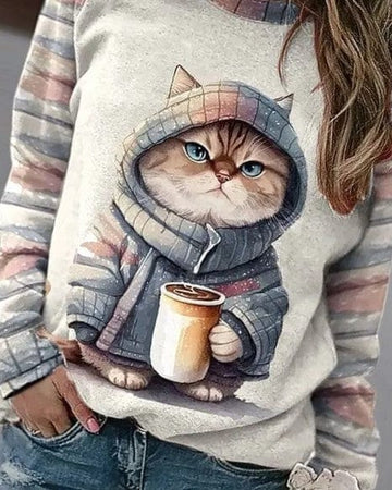 Women's cat print pullover raglan sleeve sweater