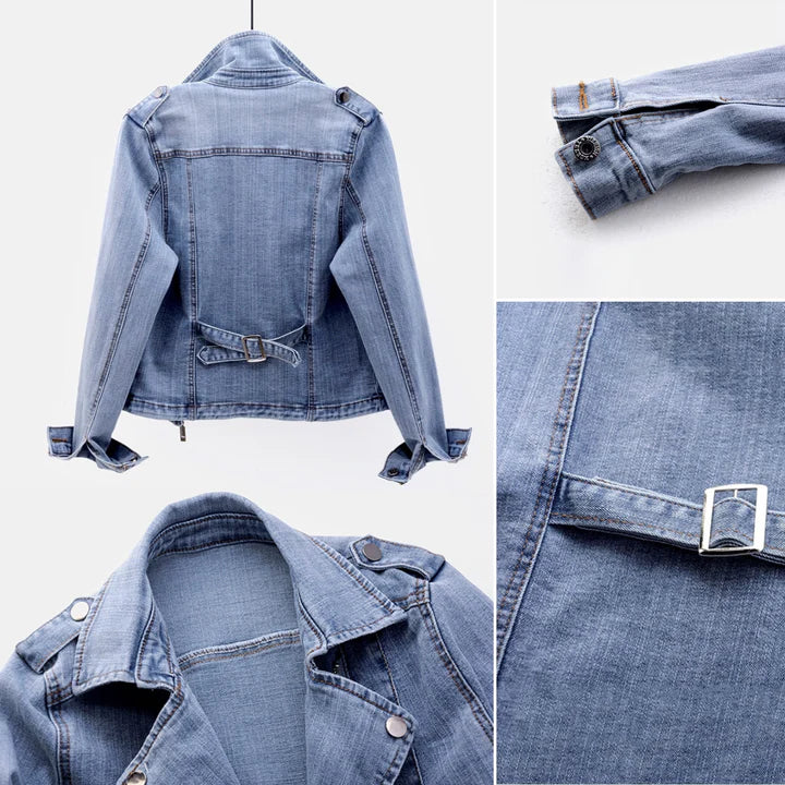 Women's Denim Jacket - Tailored Fit - Biker Style - Zipper Closure - Stylish Lapels