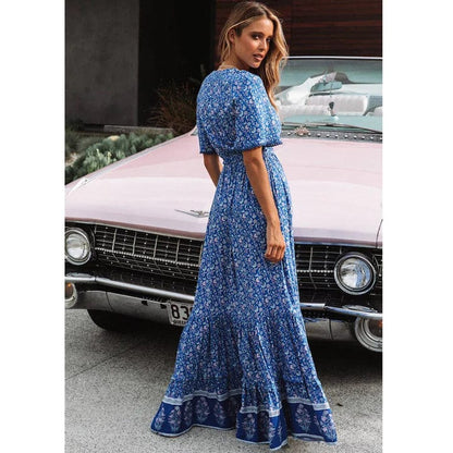 Women's Maxi Dress - Wrap V-Neck - Short Bell Sleeves - Floral Print - Waist Tie