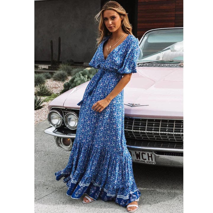 Women's Maxi Dress - Wrap V-Neck - Short Bell Sleeves - Floral Print - Waist Tie
