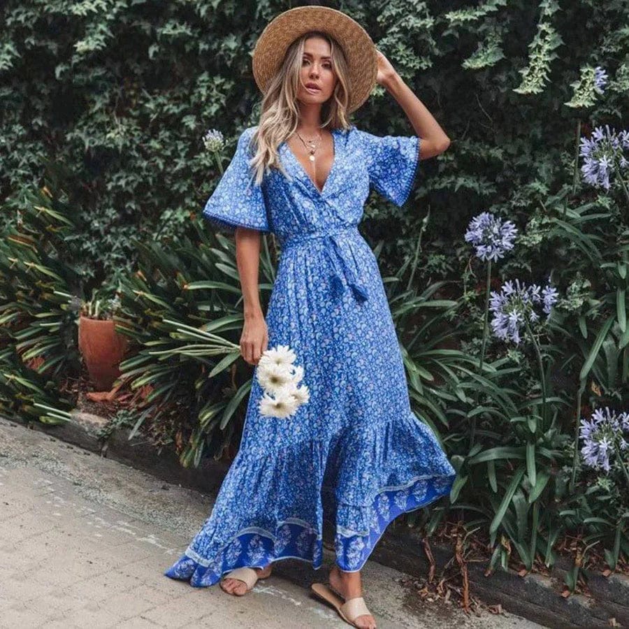 Women's Maxi Dress - Wrap V-Neck - Short Bell Sleeves - Floral Print - Waist Tie