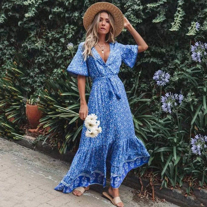 Women's Maxi Dress - Wrap V-Neck - Short Bell Sleeves - Floral Print - Waist Tie