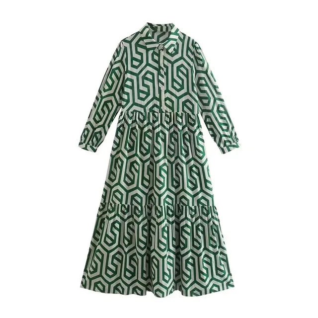 Geometric Print Relaxed Fit Long Sleeve Dress 