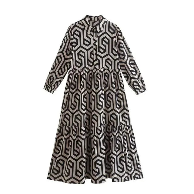 Women’s Long Sleeve Dress – Relaxed Fit – Tiered Silhouette – Geometric Print – Breathable Blend