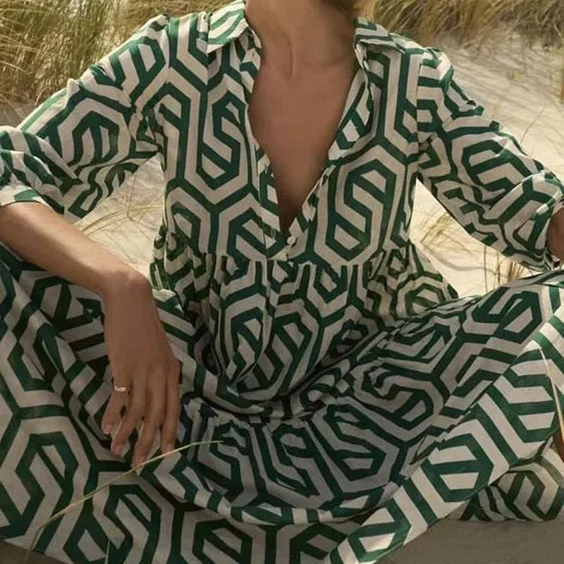 Geometric Print Relaxed Fit Long Sleeve Dress 