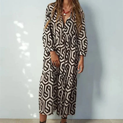 Women’s Long Sleeve Dress – Relaxed Fit – Tiered Silhouette – Geometric Print – Breathable Blend