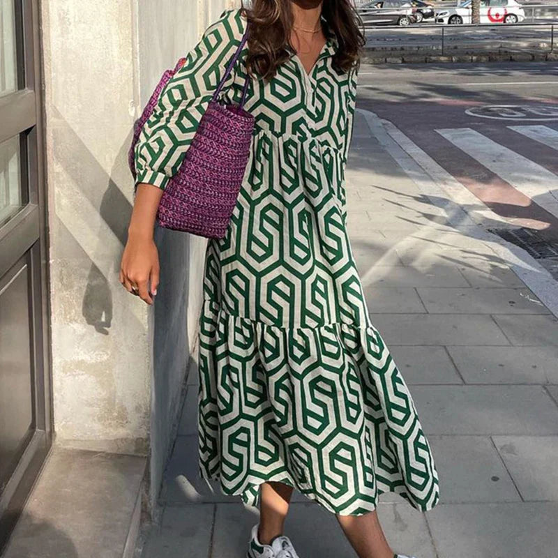 Geometric Print Relaxed Fit Long Sleeve Dress 