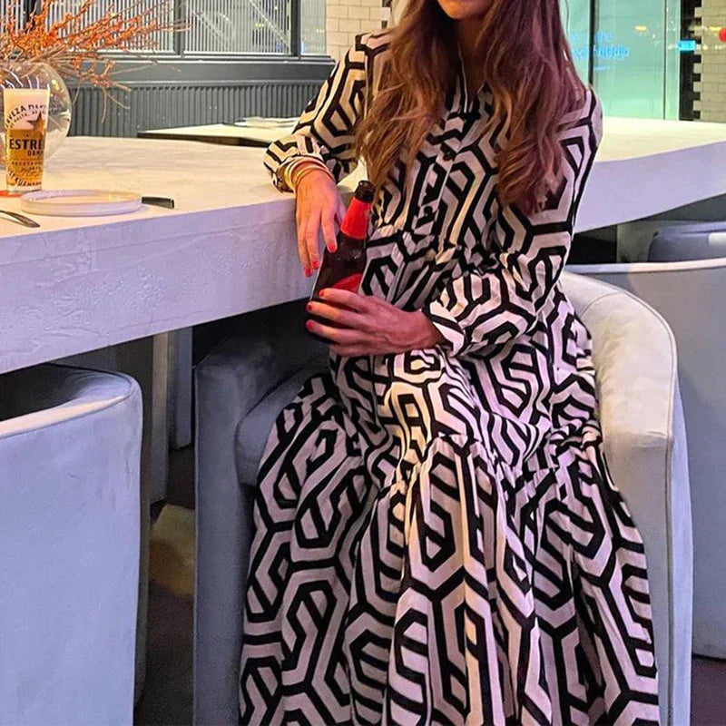 Women’s Long Sleeve Dress – Relaxed Fit – Tiered Silhouette – Geometric Print – Breathable Blend