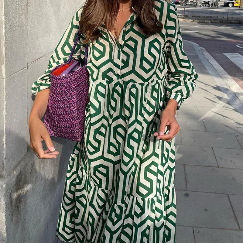 Geometric Print Relaxed Fit Long Sleeve Dress 