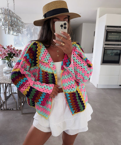Women's colored stitching top loose knitted cardigan
