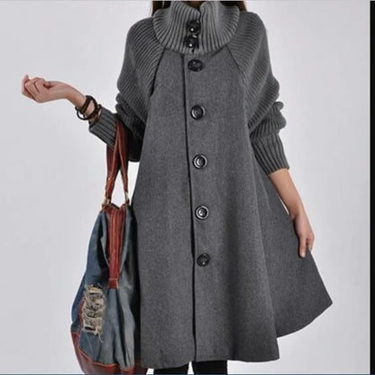Women's high neck patchwork coat with long sleeves and button closure