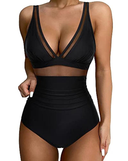 Women’s Swimsuit – Plunging Neckline – Mesh Panels – High-Cut Leg – Stretch Fit
