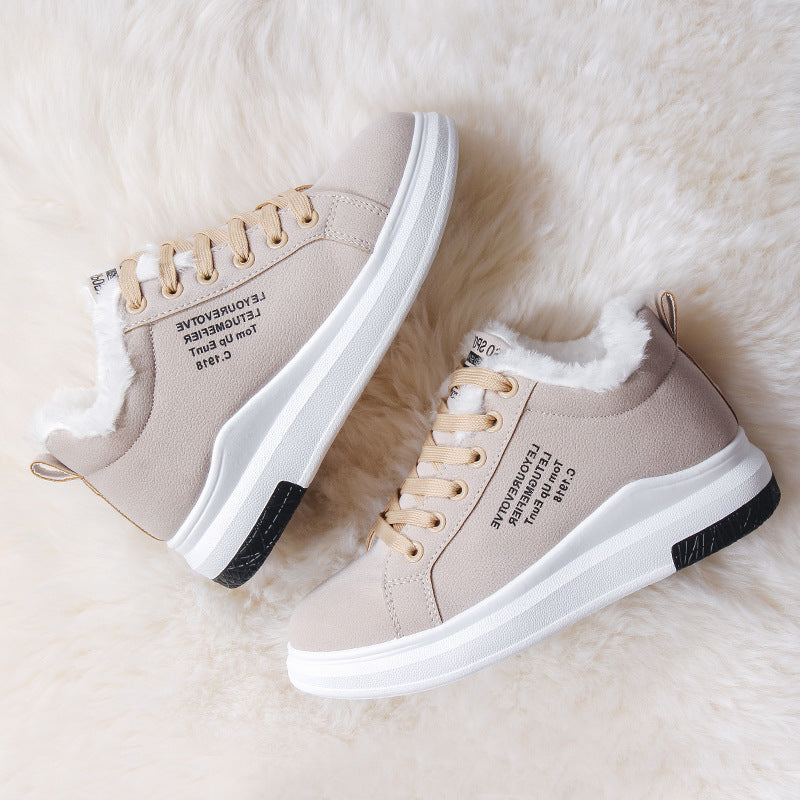Women's Suede Sneakers - Lace-Up - Plush Fleece Lining - Thick Rubber Sole