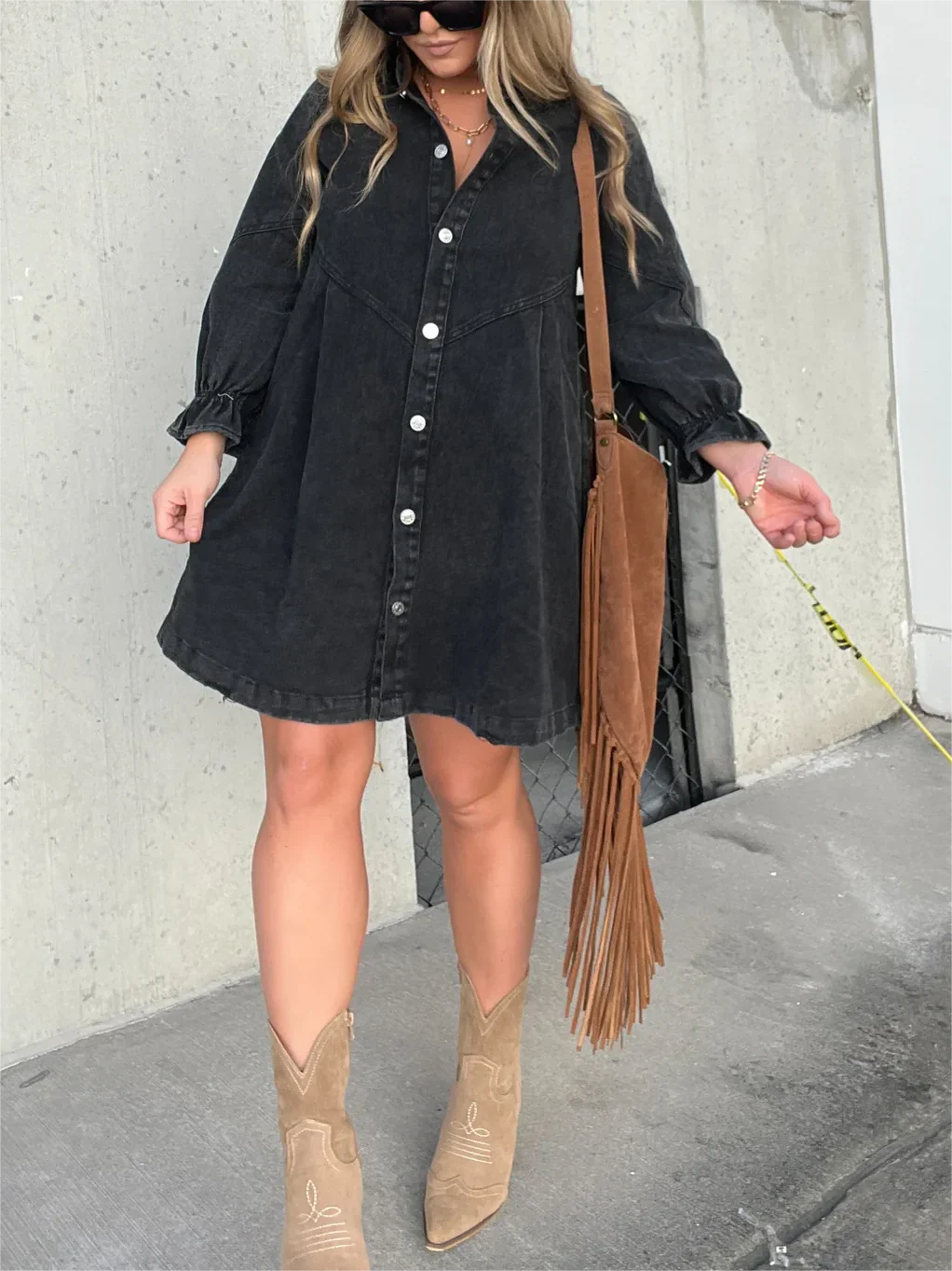 Women's Denim Shirt Dress - Button Down - Long Puff Sleeves - Relaxed Fit