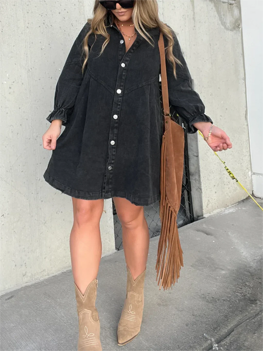 Relaxed Fit Puff Sleeve Denim Shirt Dress