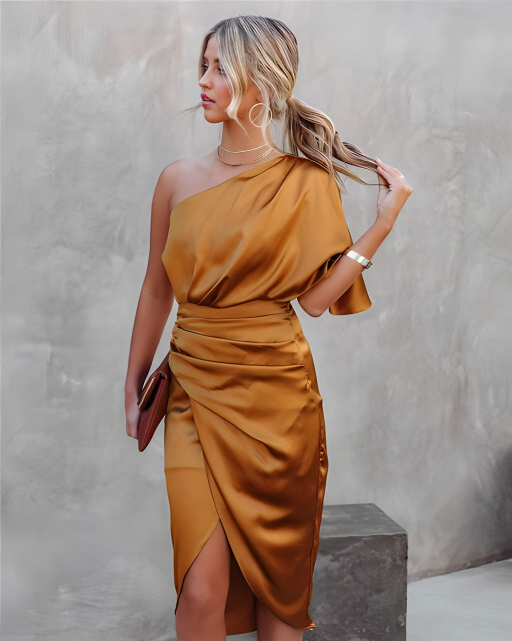 Satin Luxe Draped Asymmetrical Evening Dress