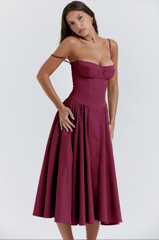 Women’s Midi Dress – Corset Bodice – A-Line Fit – Spaghetti Strap – Breathable Fabric