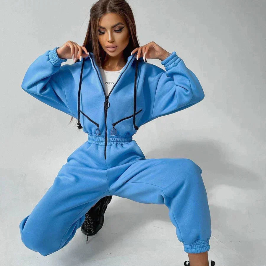 Women's Jumpsuit - Hooded One-Piece - Elastic Waist - Long Sleeve Jogger Style