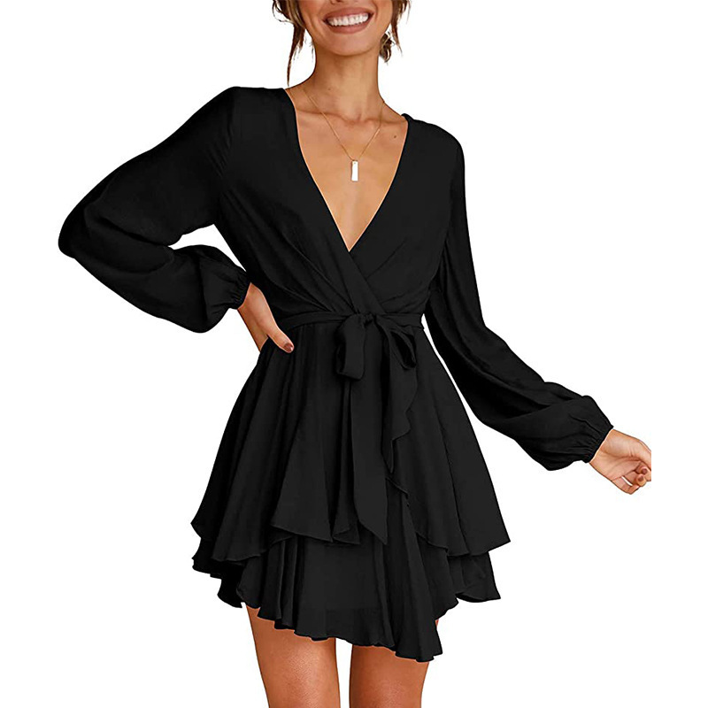 Women's V-Neck Dress - Long Sleeve - Cinched Waist - A-Line Layered Skirt