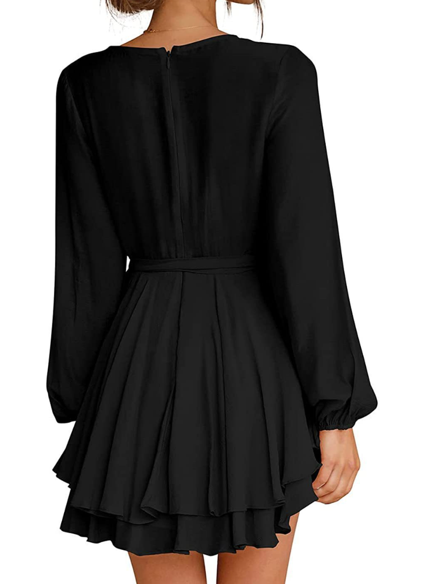 Women's V-Neck Dress - Long Sleeve - Cinched Waist - A-Line Layered Skirt