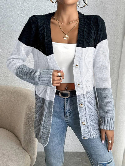 Women's casual contrast color button cardigan