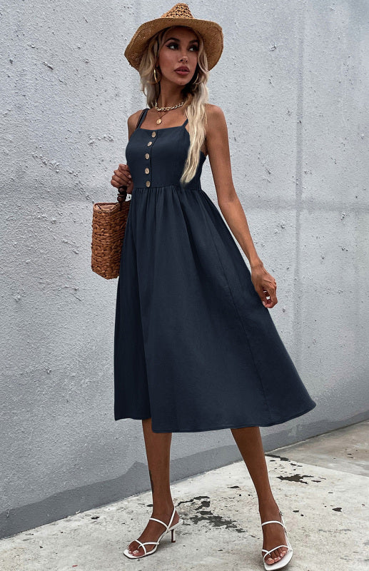 Women's A-Line Midi Dress - Sleeveless Spaghetti Strap - Button-Down Flared Fit