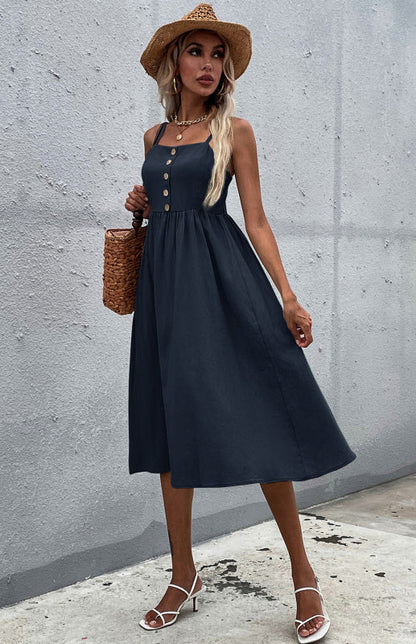 Women's A-Line Midi Dress - Sleeveless Spaghetti Strap - Button-Down Flared Fit