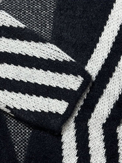 Women’s Long Cardigan - Geometric Pattern - Open Front - Relaxed Fit - Casual Layer