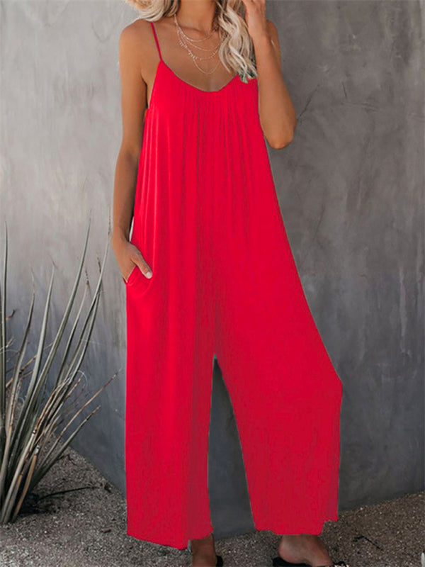Yolee - Trousers solid color side pocket loose spaghetti strap jumpsuit