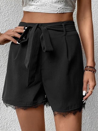 Women's High-Waisted Shorts - Self-Tie Belt - Loose Fit - Lace Trim Elegant Style