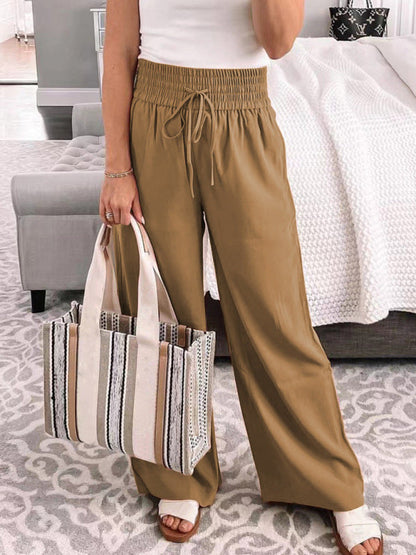 Women’s Wide-Leg Pants – High Waist – Smocked Elastic Waistband – Flowing Relaxed Fit