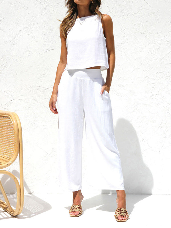 Lilyah - sleeveless button-down vest cropped wide-leg pants