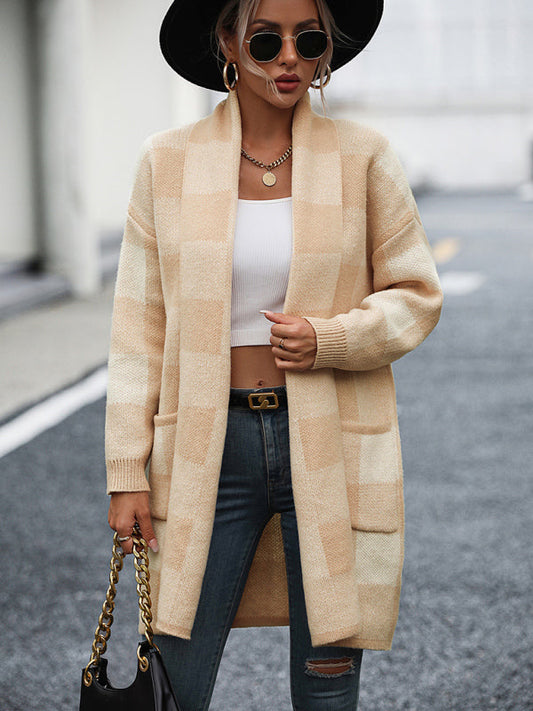Plaid Color Block Knit Fashion Cardigan Sweater