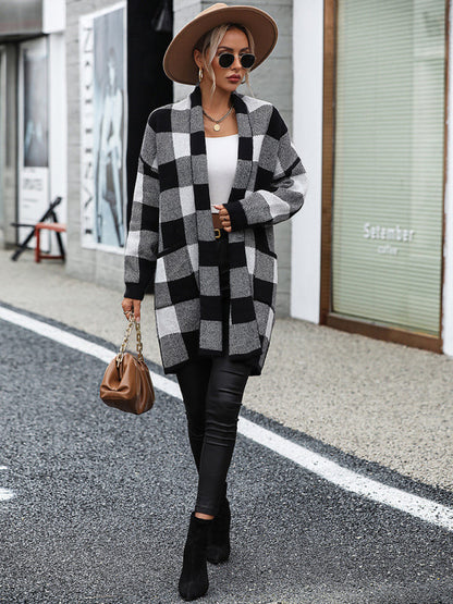 Lujza - coat loose plaid color block knit cardigan fashion sweater