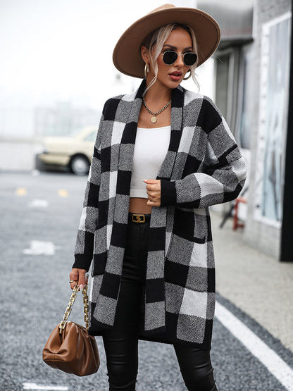 Lujza - coat loose plaid color block knit cardigan fashion sweater