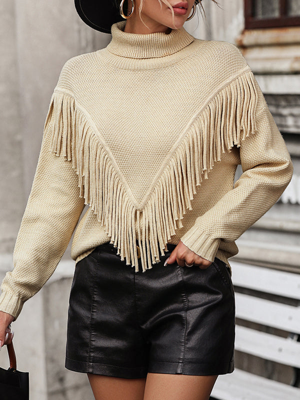 Loose Knitted Tasseled Turtleneck Sweater