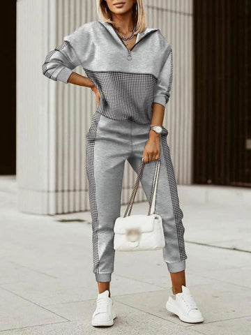 Arcelie - houndstooth print drop shoulder drawstring hoodie & sweatpants set