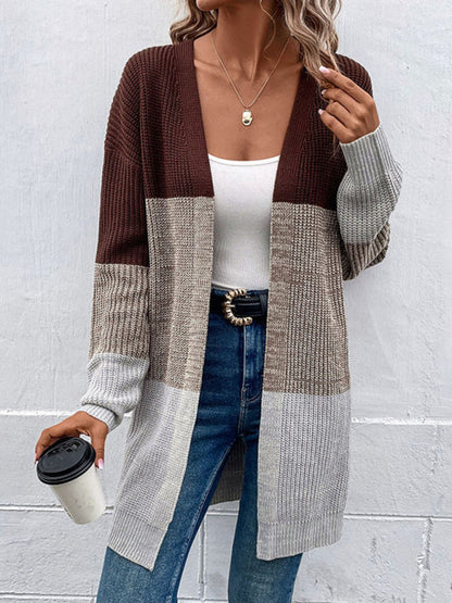 Petra - autumn and winter long-sleeved color-blocking long sweater cardigan