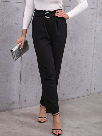 Maya - commuter style lace-up nine-point pants professional elastic pants