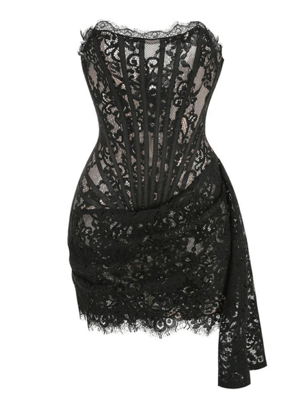 Women's Strapless Mini Dress - Lace Corset Bodice - Elegant Semi-Sheer Design