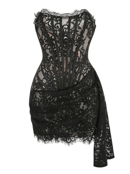Women's Strapless Mini Dress - Lace Corset Bodice - Elegant Semi-Sheer Design