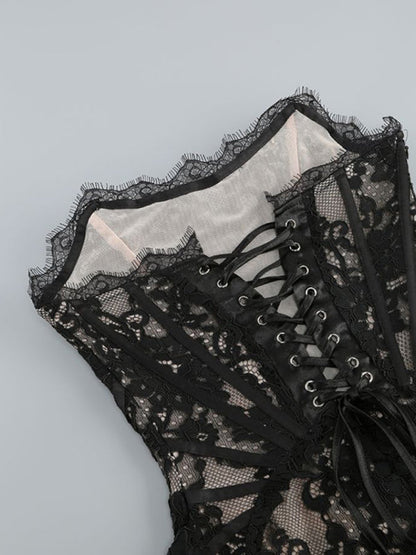 Women's Strapless Mini Dress - Lace Corset Bodice - Elegant Semi-Sheer Design
