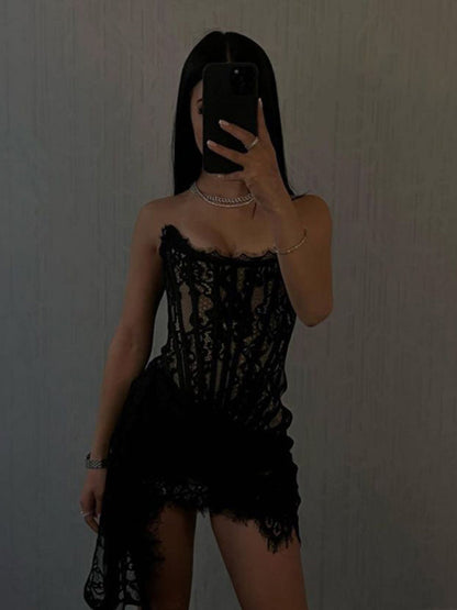 Women's Strapless Mini Dress - Lace Corset Bodice - Elegant Semi-Sheer Design