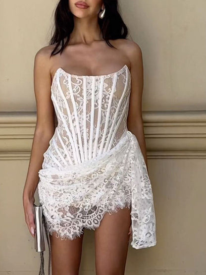 Women's Strapless Mini Dress - Lace Corset Bodice - Elegant Semi-Sheer Design