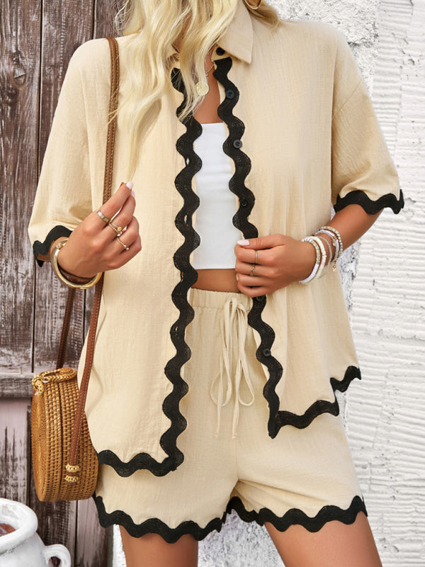Women's Two-Piece Set - Button-Up Shirt & High-Waisted Shorts - Scalloped Trim Casual Wear